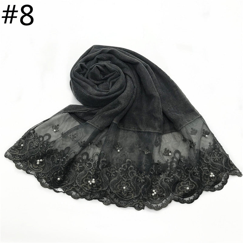 Cotton And Linen Solid Color Scarf, Two-end Lace, Set Pearl Toe Cap Scarf