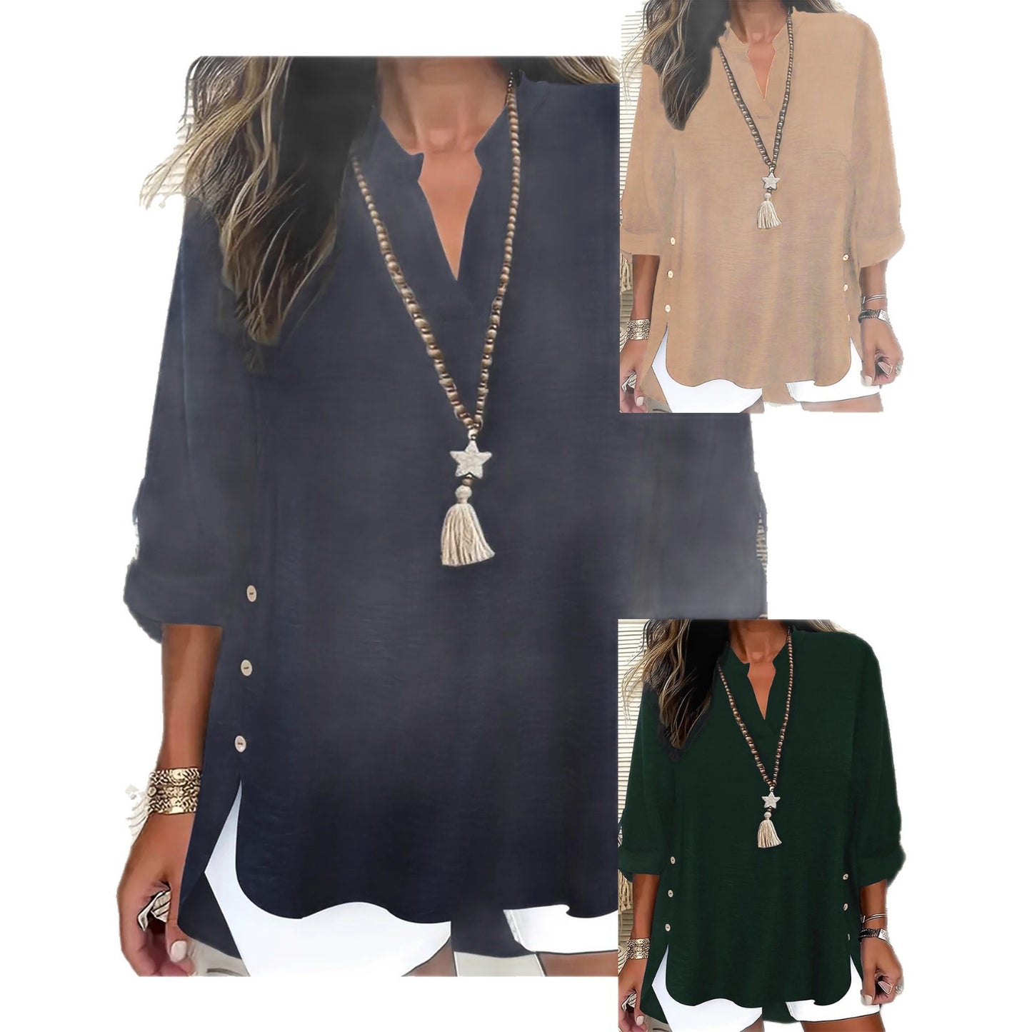 Plus-size Solid-color V-neck Top Springautumn Long-sleeve Relaxed-fit Button-up Elegant Shirt