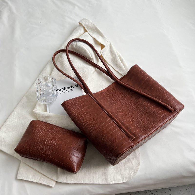 Texture  Shoulder Soft Leather Western Style Commuter Tote Large Capacity Combination Bags