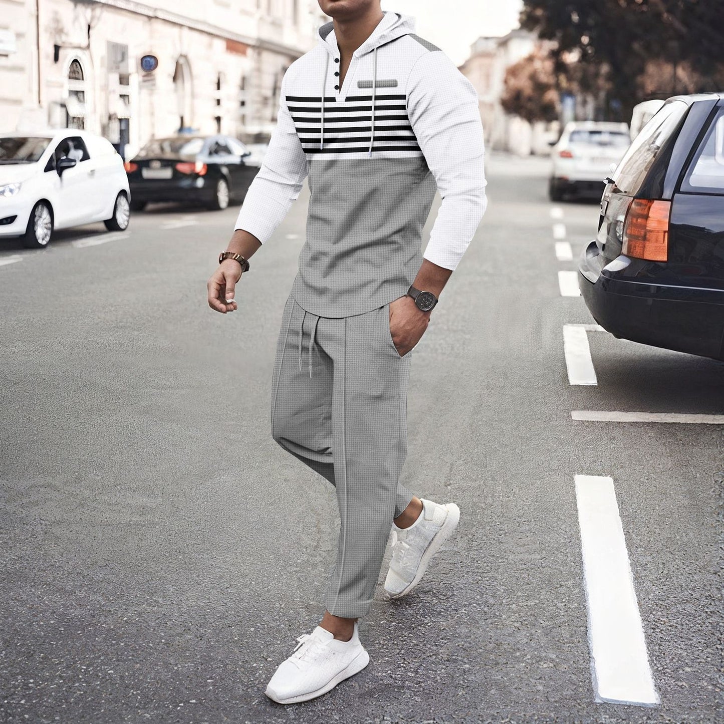 European And American Striped Long-sleeve Hoodie And Pants Set