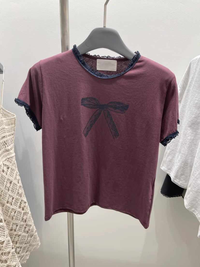 Lace Stitching Bow Printed Round Neck Short Sleeve