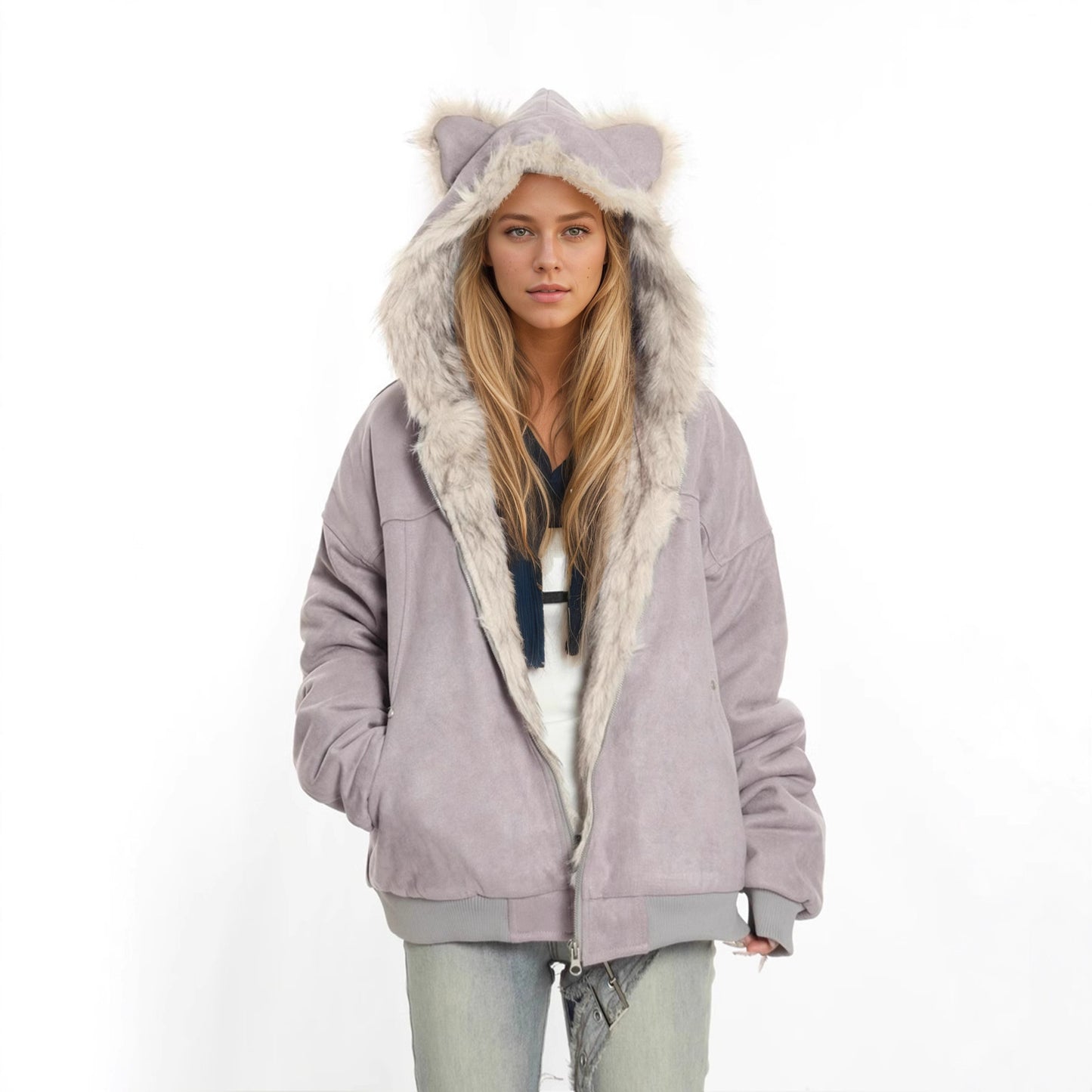 Winter Coat With A Fur Collar Made From Faux Suede For Warmth