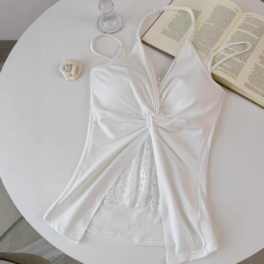 Womens White Halterneck Camisole With Built-in Padded Cups For Summer