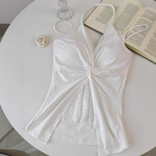 Womens White Halterneck Camisole With Built-in Padded Cups For Summer