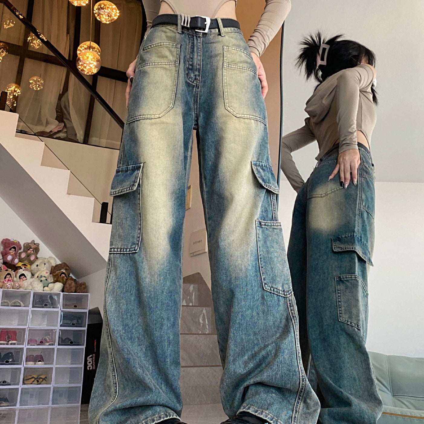 Amerikansk Workwear Lomme Brede Ben Denim Lige Bukser til Kvinder