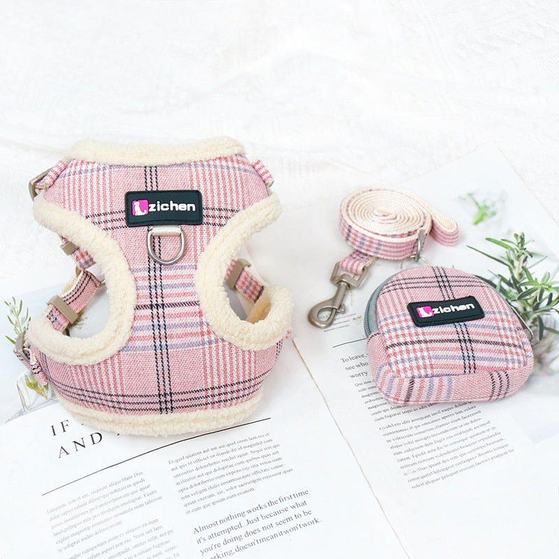 Dog Leash Vest With Plaid And Fleece Lining
