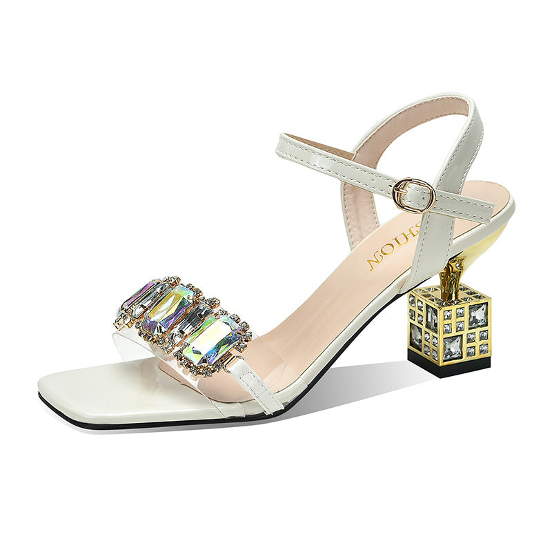 European And American Square Toe High Heel Sandals Women's Fashion Rhinestones