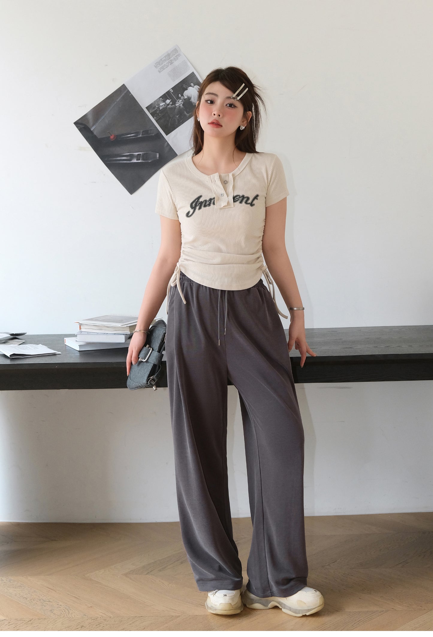 Women's Short-sleeved T-shirt With Loose Shoulder Width Slimming Drawstring Printed