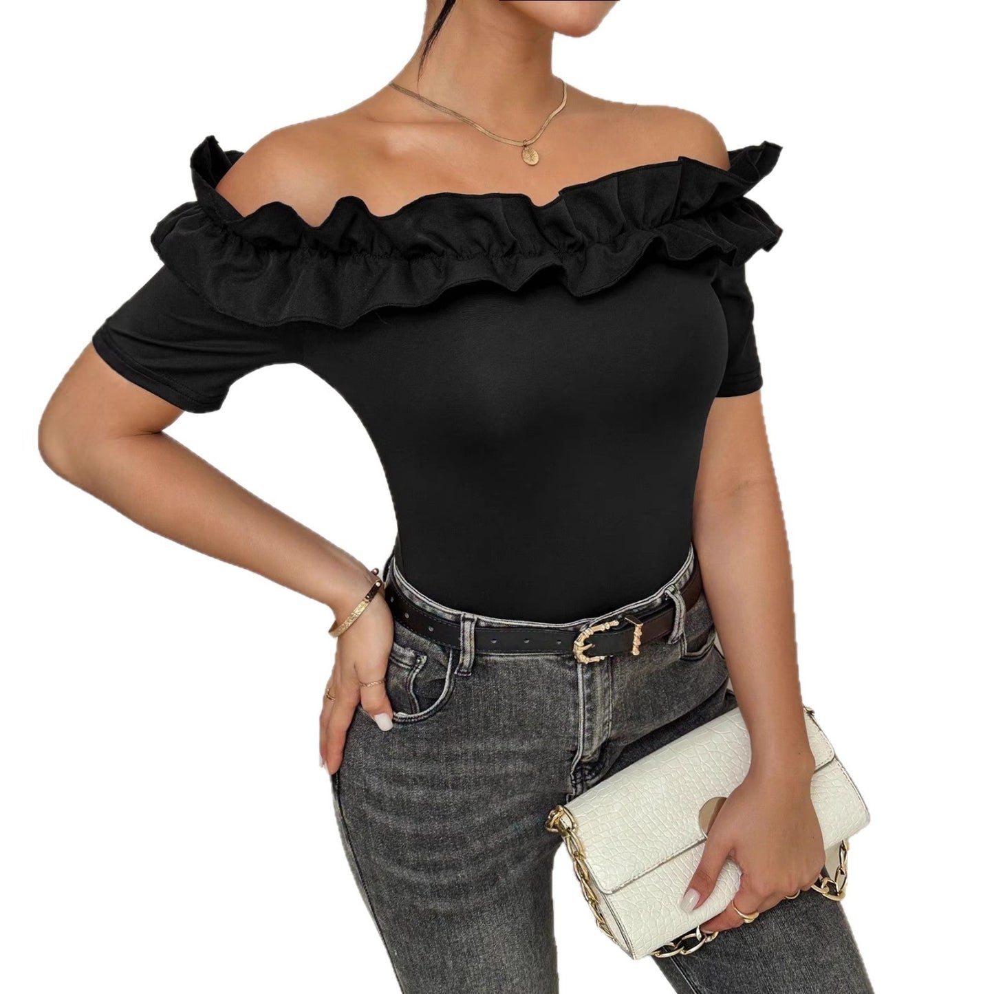 Womens Stylish Off-shoulder Ruffle T-shirt Top