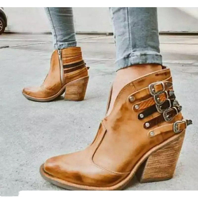 Independent Stand Large Size Pointed Toe Thick Heel Short Tube Side Zipper Wooden