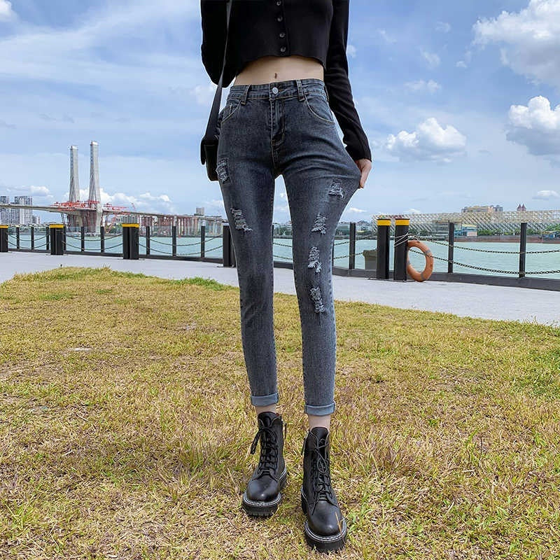 Cropped Jeans Women's Skinny Stretch Tight Ripped Pencil Pants