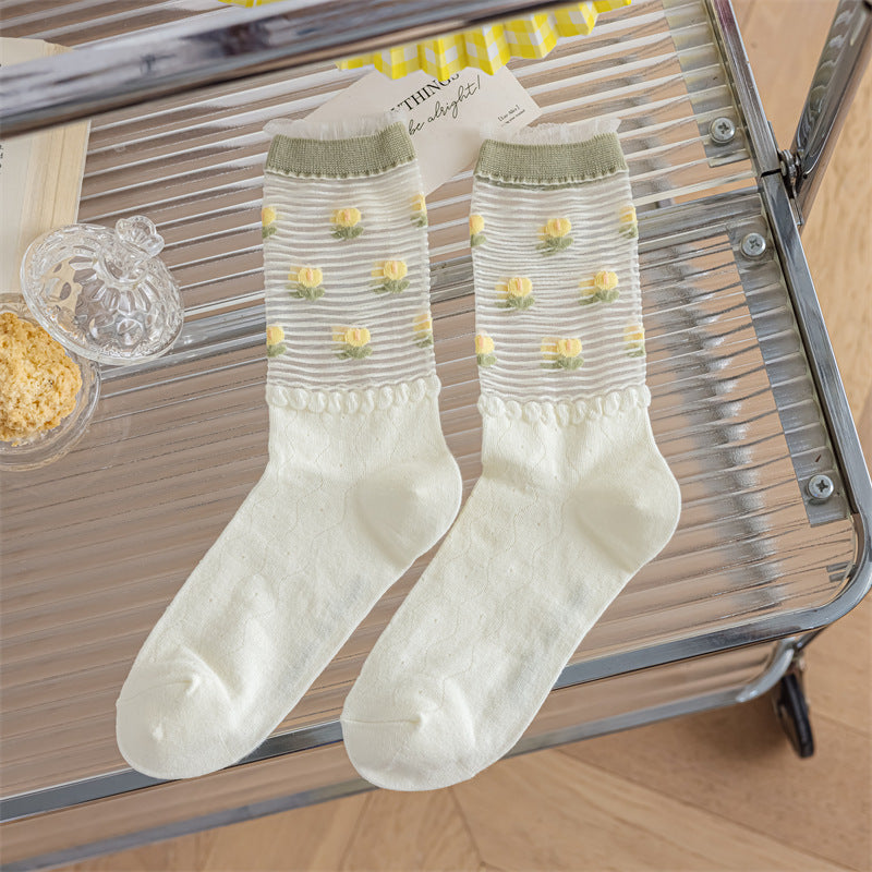 Tulip Yellow Green System Glass Silk Pile Women's Socks