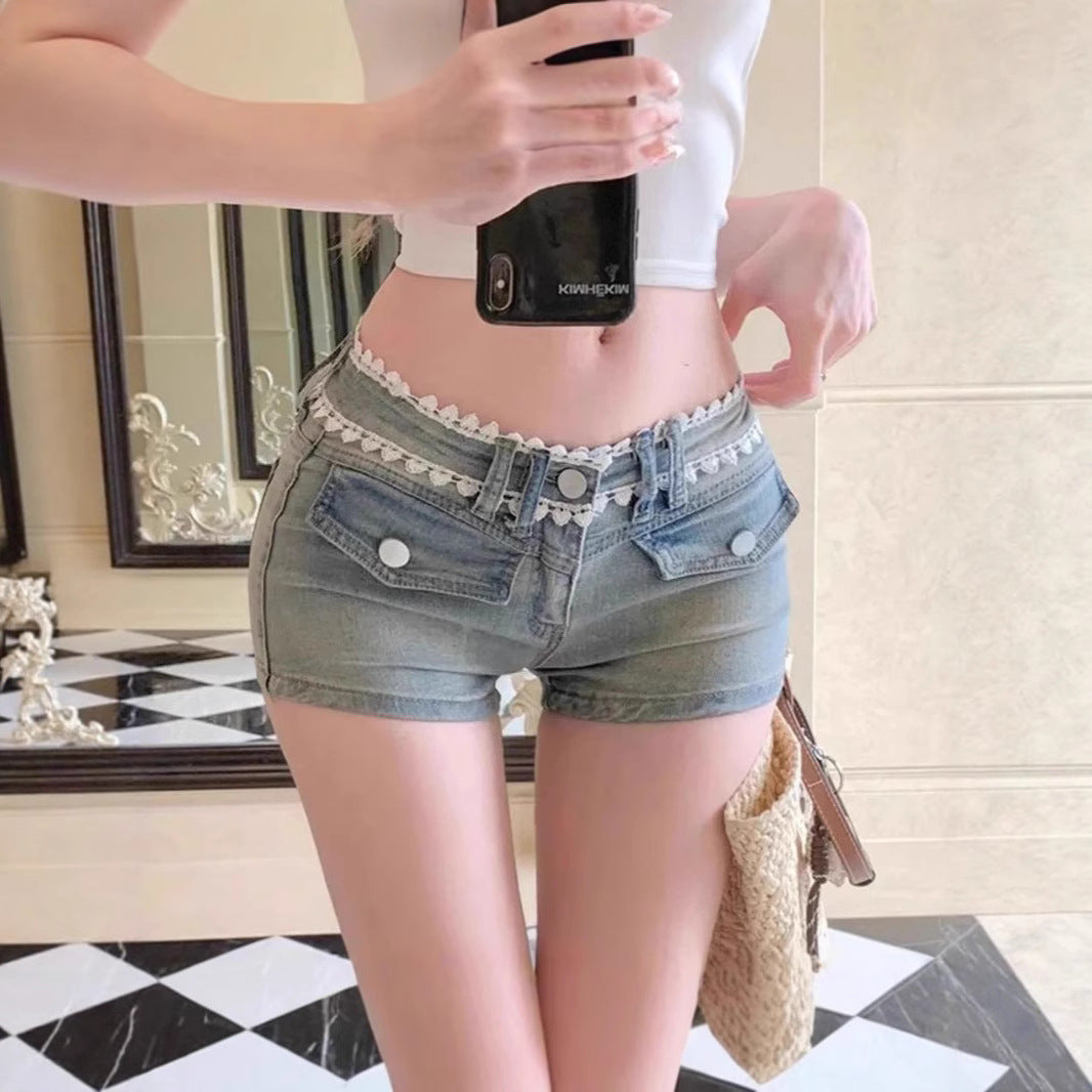 French Lace-Trimmed Hip-Fitting Denim Shorts