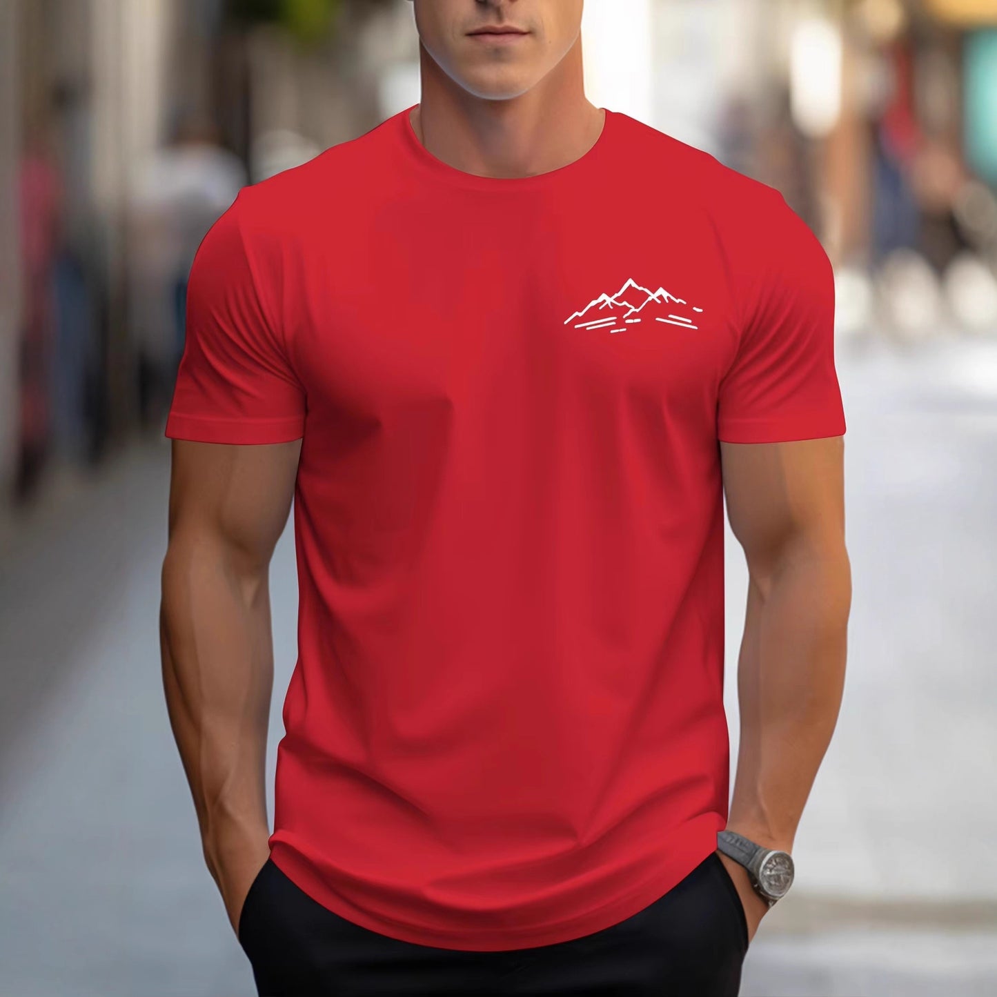 T-shirt med rund hals og korte ærmer i bomuld og afslappet pasform med bjergprint til sport