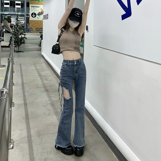 Rope-pumping Waist Slimming Design Sense Hot Girl Micro-flared Pants