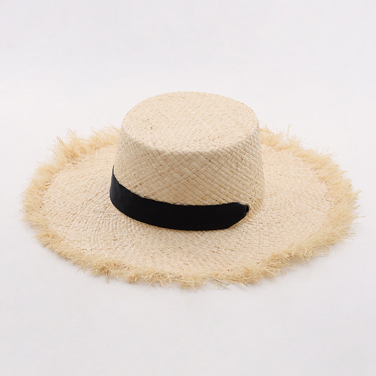 Raffia Tie Flat Top Frayed Straw Hat
