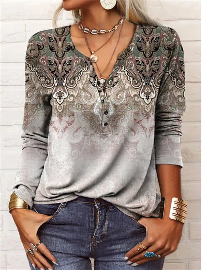 Women's Long-Sleeve Printed V-Neck Loose T-Shirt