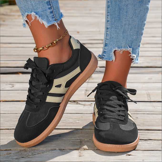 Women's Retro Round Toe Contrast Color Striped Lace-up Shoes