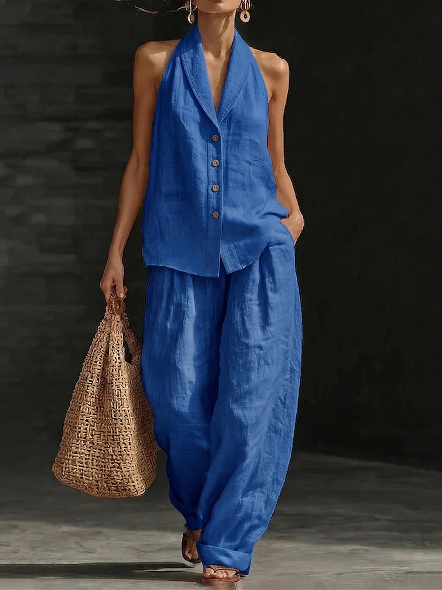 Wide-leg Pants Suit Womens Cotton-linen Fashionable Two-piece Set