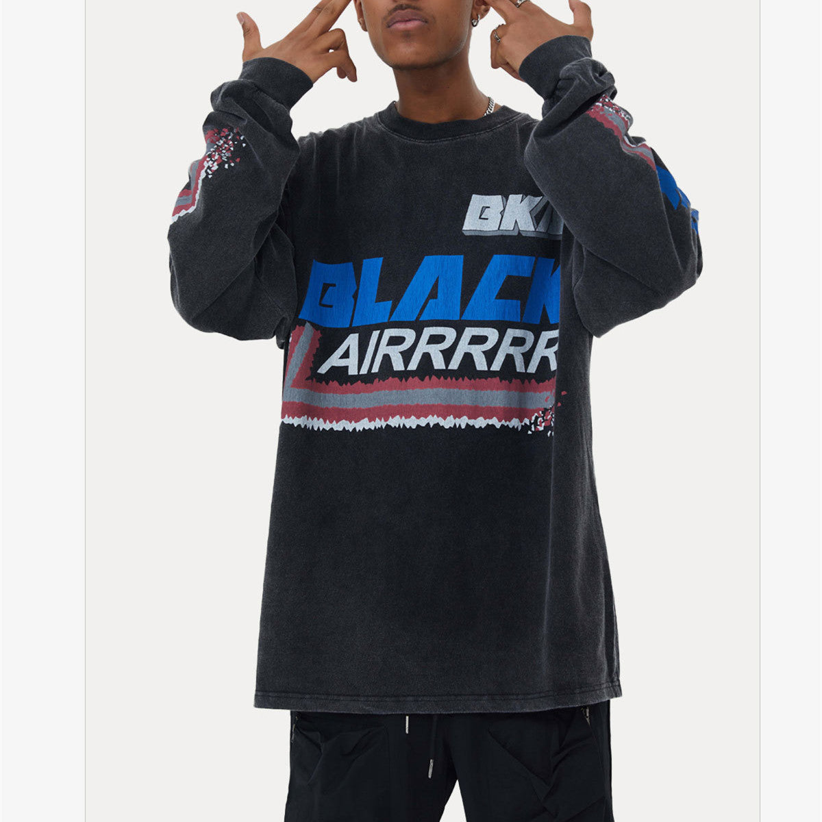 Washed And Distressed Loose Crew Neck Racing Lettering Long Sleeve T-Shirt