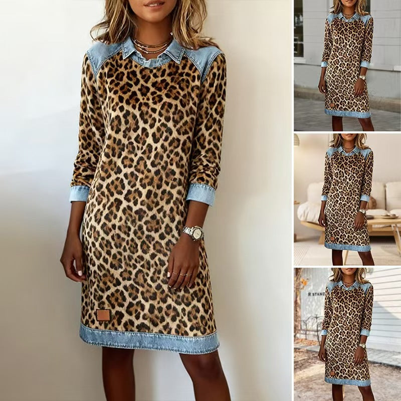Stylish Fashion Forward Leopard Print Patchwork Long Sleeve Dress
