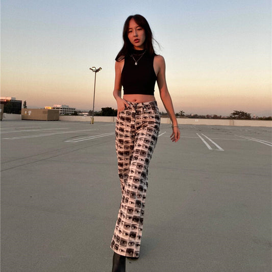 Women's Loose Casual Eye Print High Waist Pants