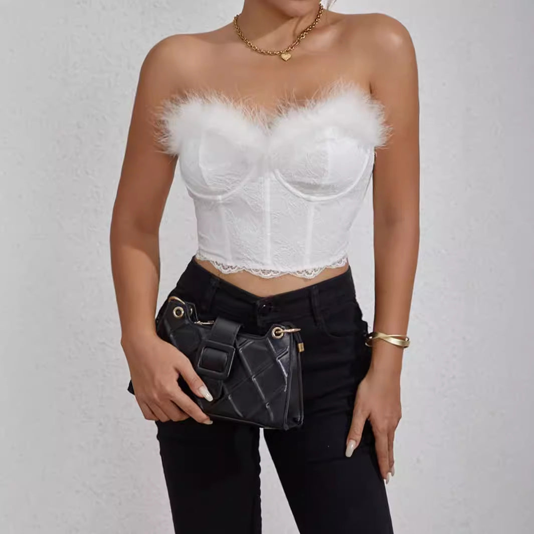 Womens Solid-Color Feathered Underwired Fishbone Backless Bodycon Tube Top