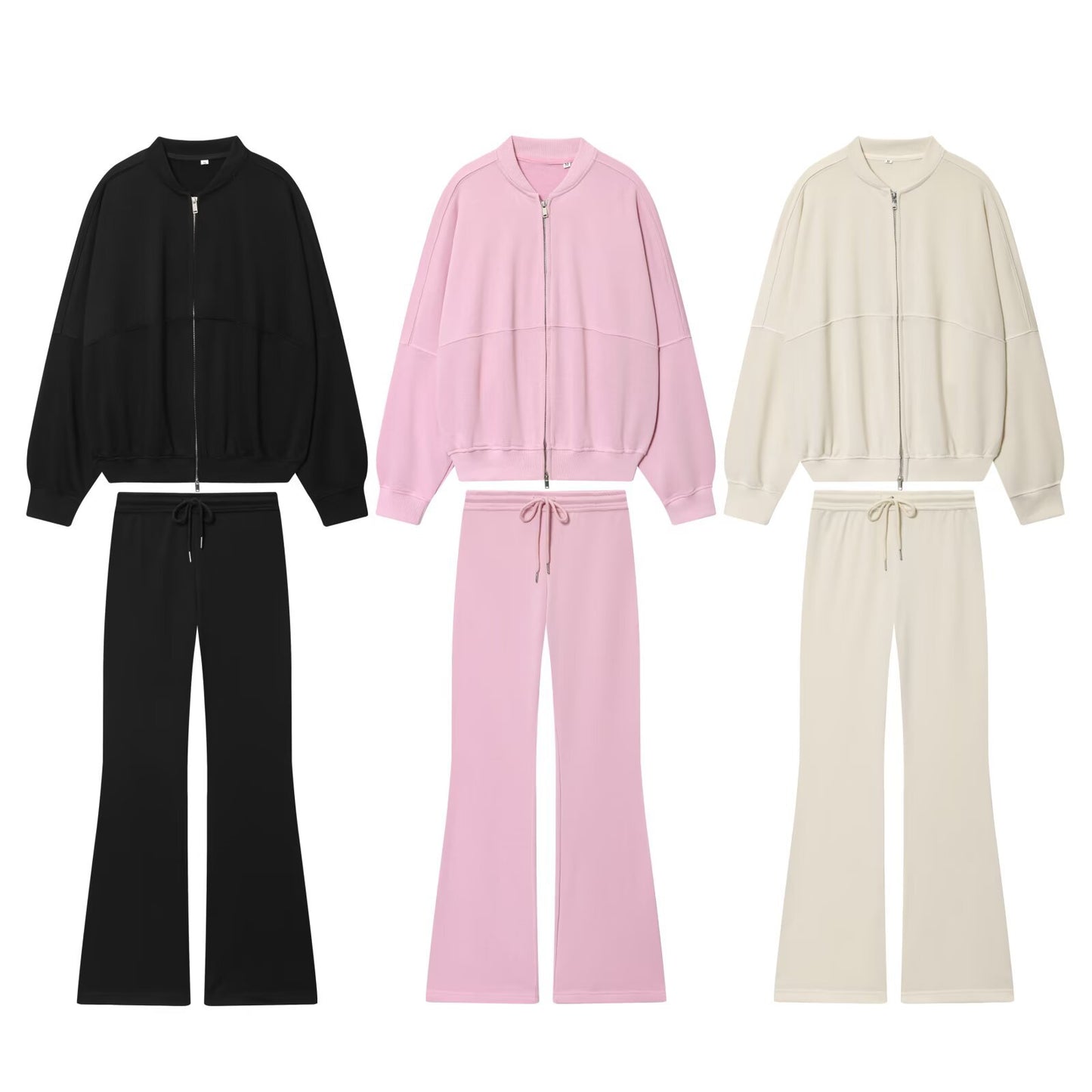 Crew-neck Bomber Jacket High-waisted Flared Athletic Pants Set