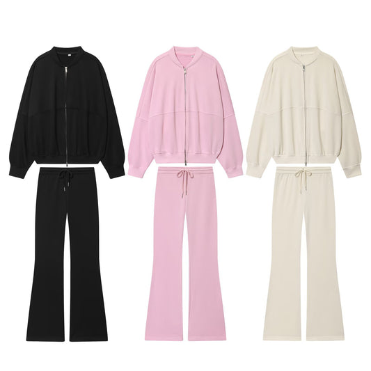Crew-neck Bomber Jacket High-waisted Flared Athletic Pants Set