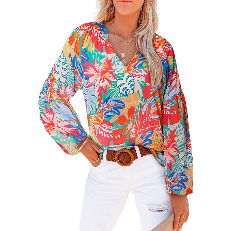Dames Floral Chiffon Skjorte Løs V-hals Casual Top