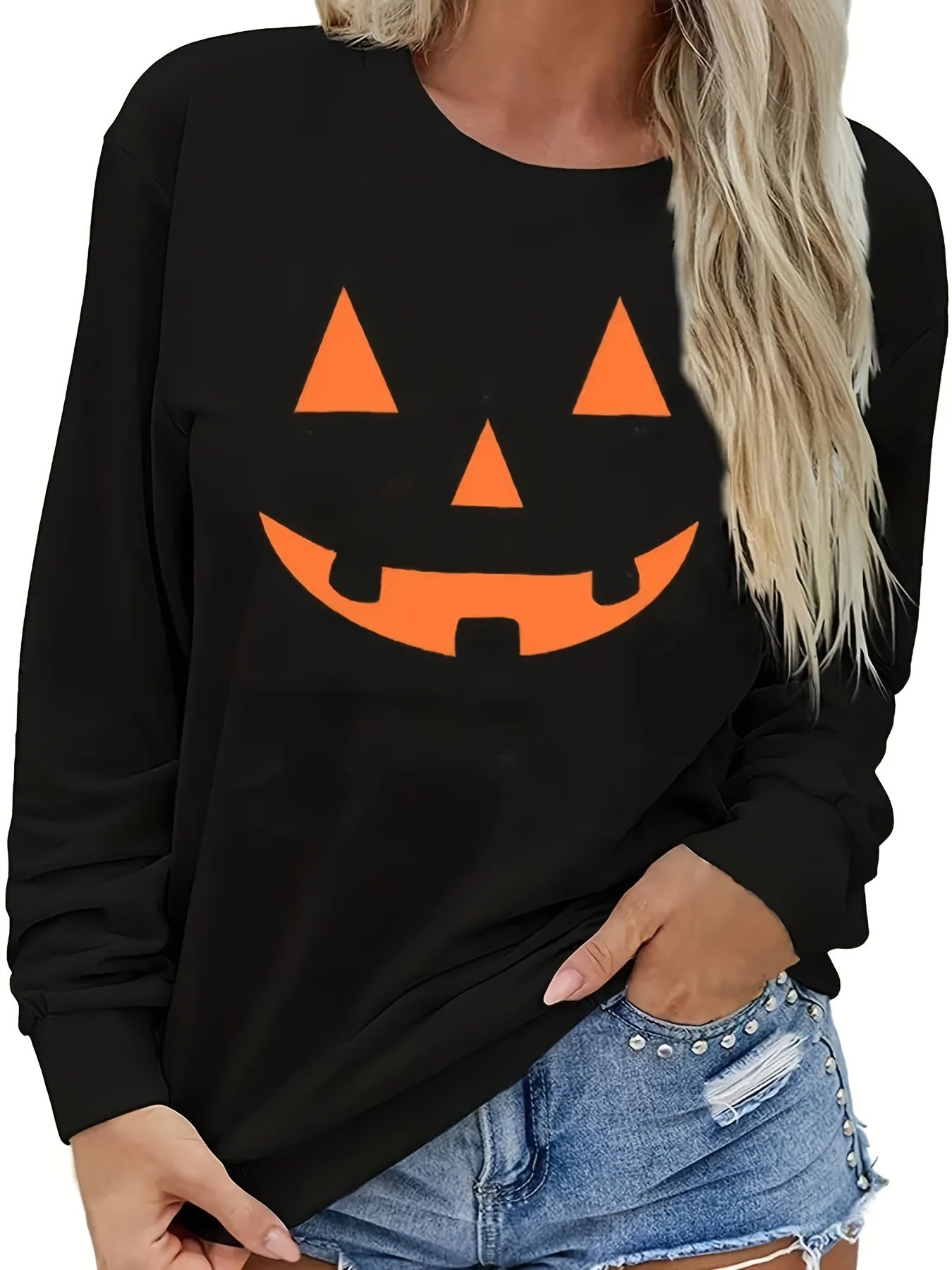 Pumpkin Printed Long-sleeved Halloween Sweater T-shirt
