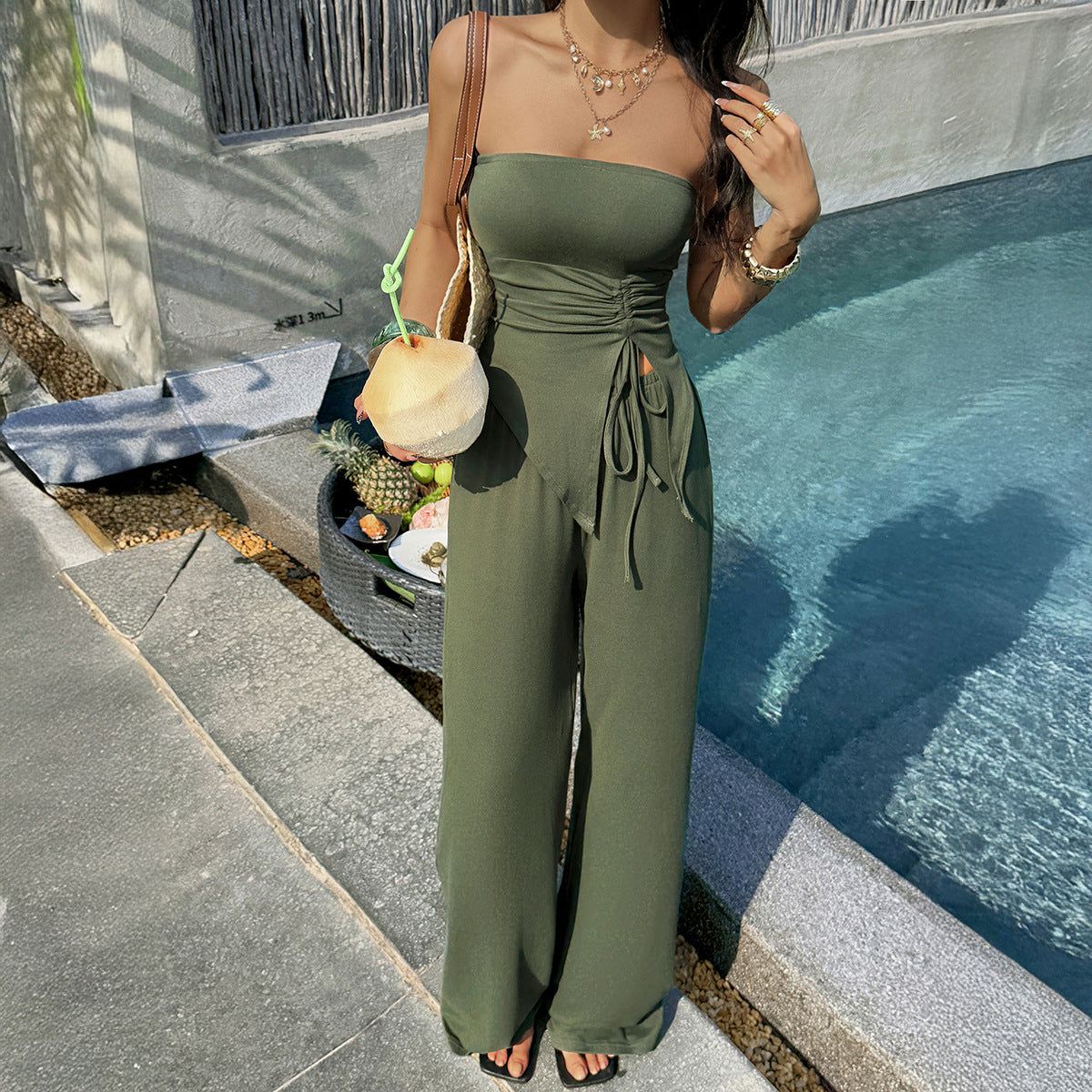 Womens Solid-Color Fashion Casual Resort Top And Pants Set