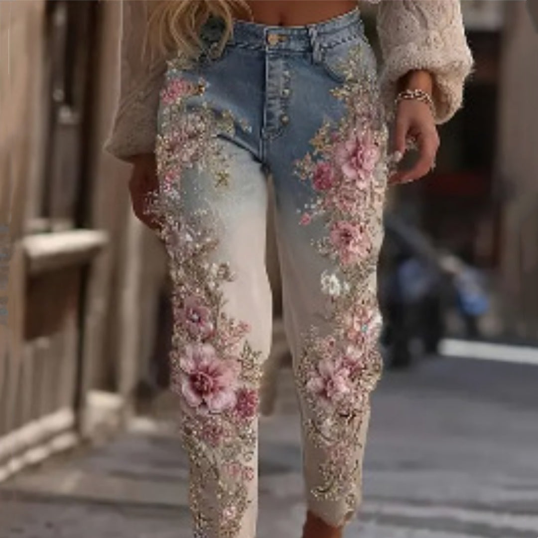 Womens Colorful Floral Loose-fit Jeans