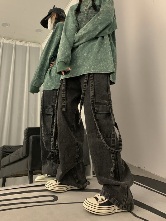 Retro Lange Streamer Lilla Overalls Bukser med Lige Ben