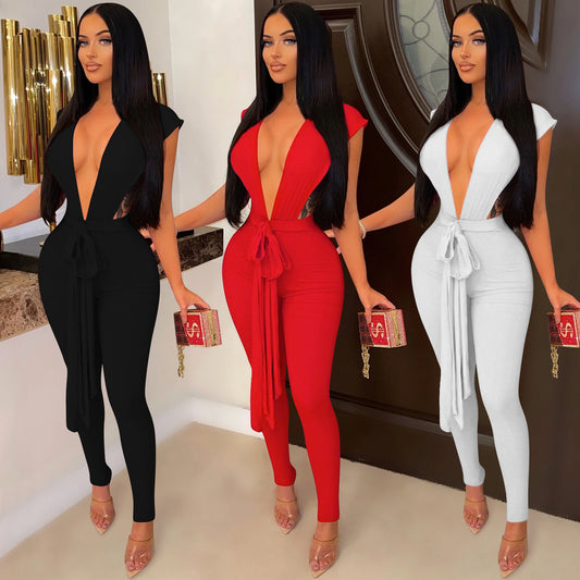 Women's Fashion Solid Color Deep V-neck Sleeveless Bandage Jumpsuit