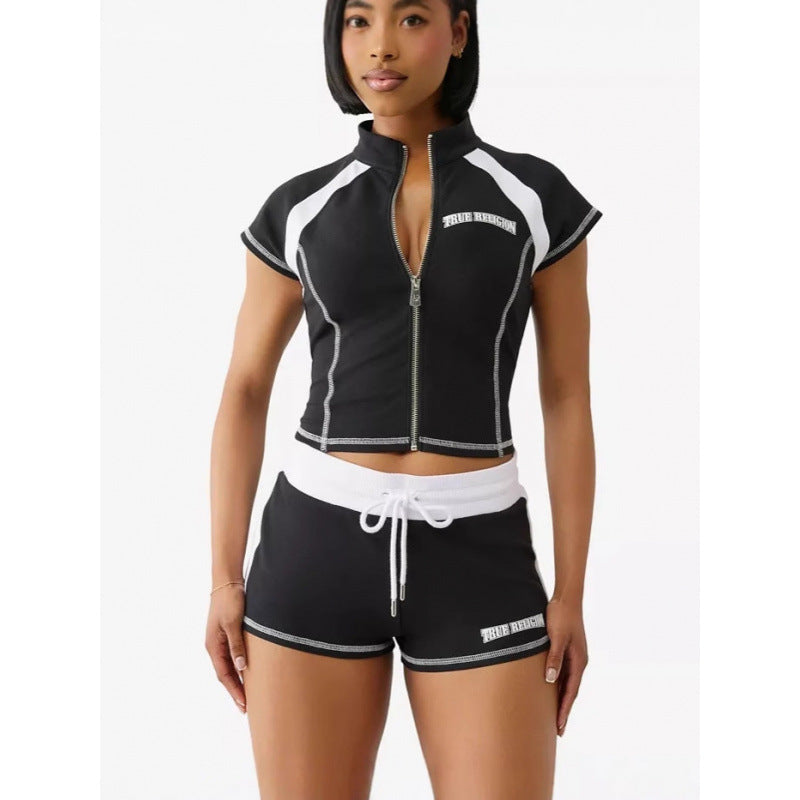 Womens Zip-Up Cardigan Slim-Fit Casual Sport Short-Sleeve Top And Pants Set