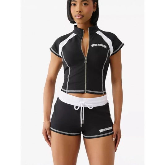 Womens Zip-Up Cardigan Slim-Fit Casual Sport Short-Sleeve Top And Pants Set