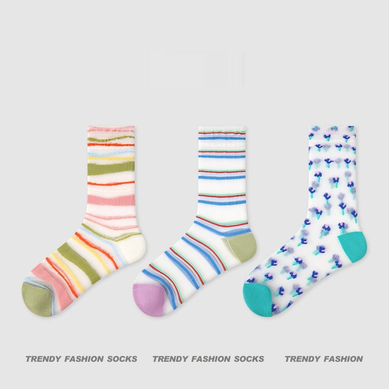 Breathable Thin Colorful Mesh Mid-calf Socks