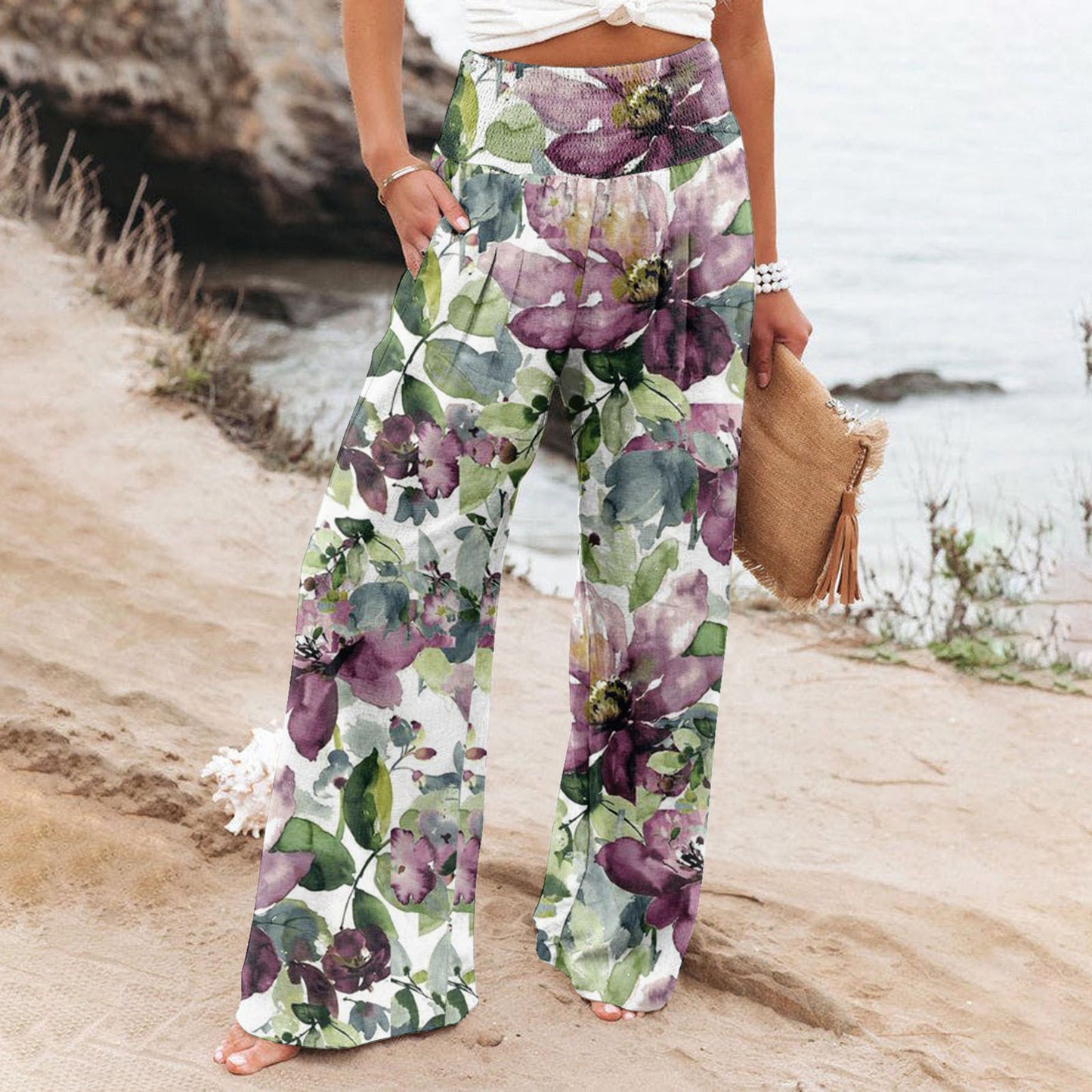 Women's Casual Wide-leg Cotton And Linen Printed Loose Trousers