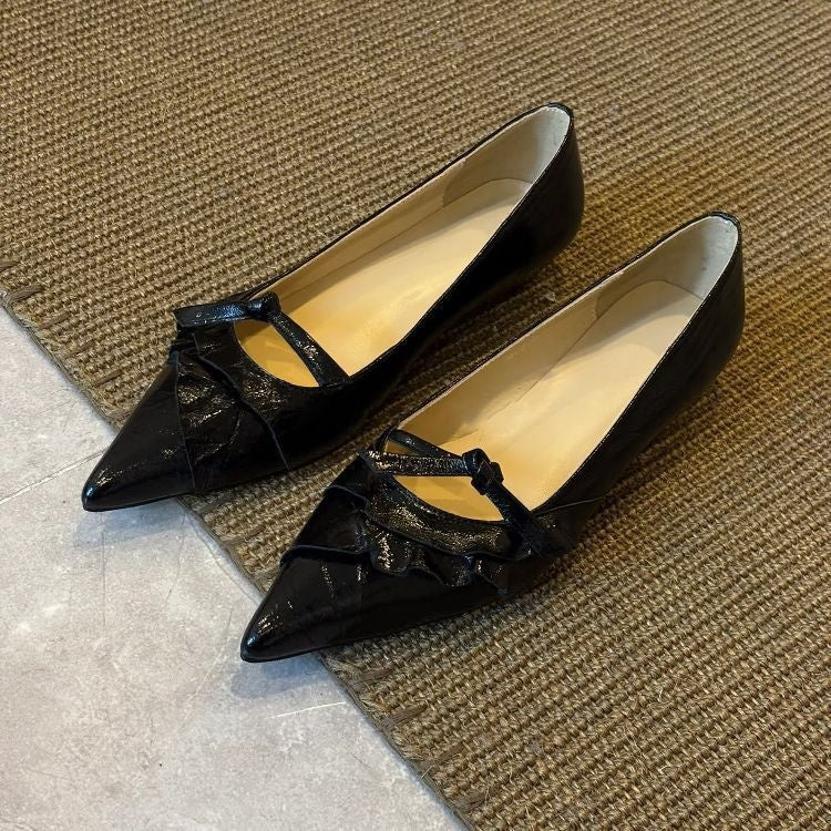 French Style Flats For Women, Pointed Toe Low Wedge Heel Elegant Versatile Bow Mary Jane Shoes