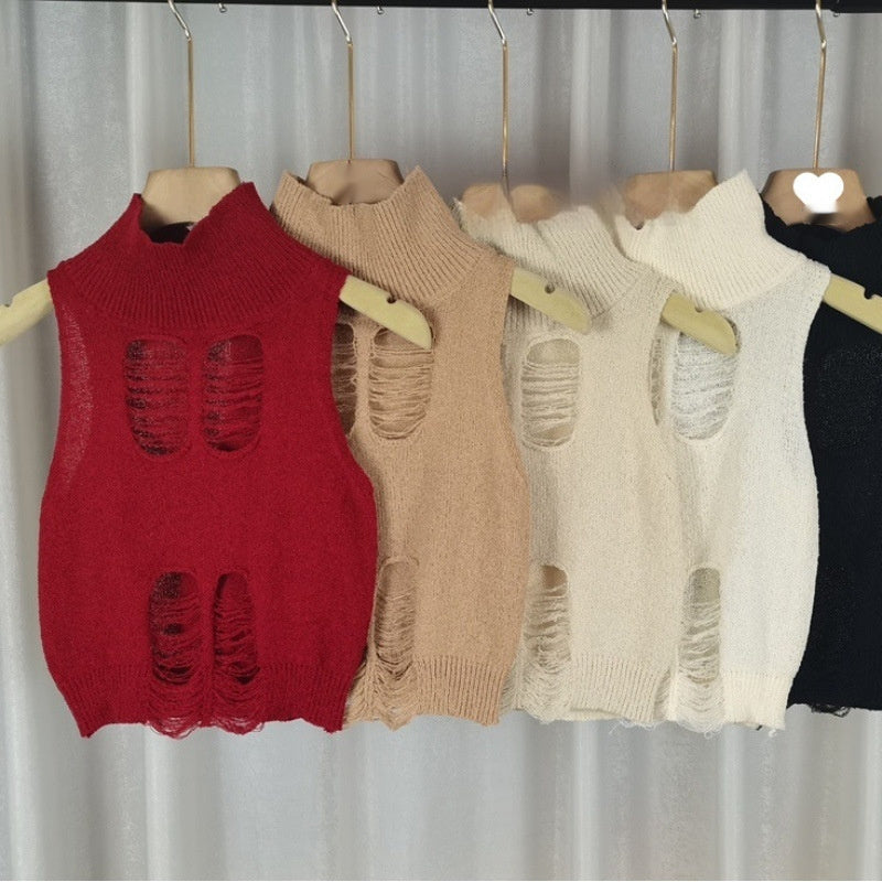 Udhullet strikvest med halv rullekrave til kvinder, slankende huller og off-shoulder