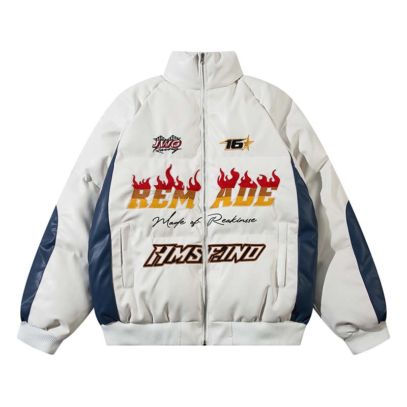 Men's Retro Letter Embroidered Patchwork PU Leather Cotton Jacket