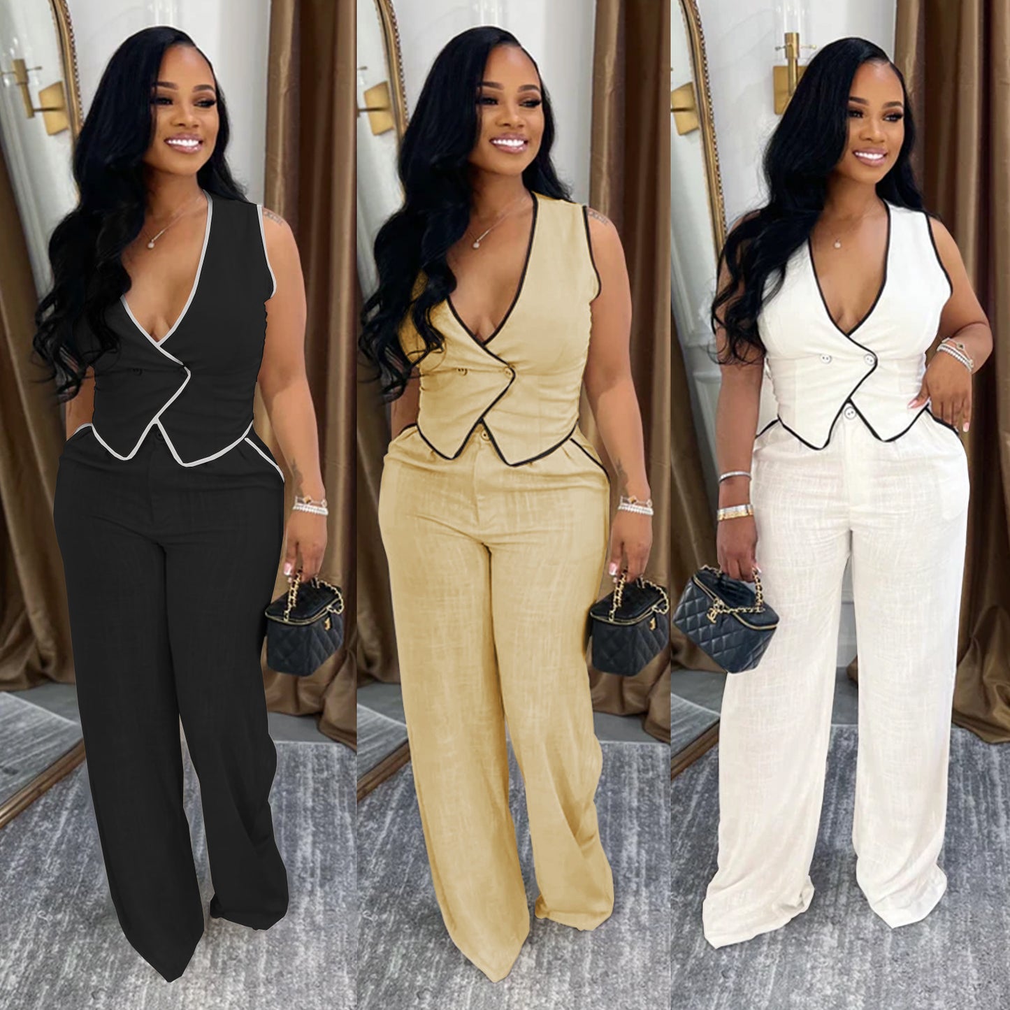 Casual V-neck Button-up Top And Pants Two-piece Set
