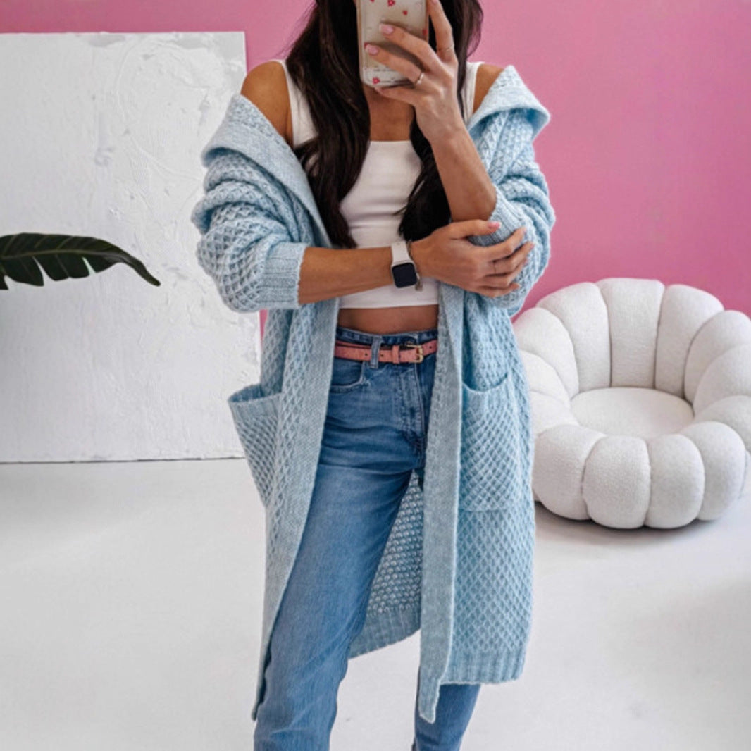 Loose Hooded Long Pocket Knitted Cardigan Jacket