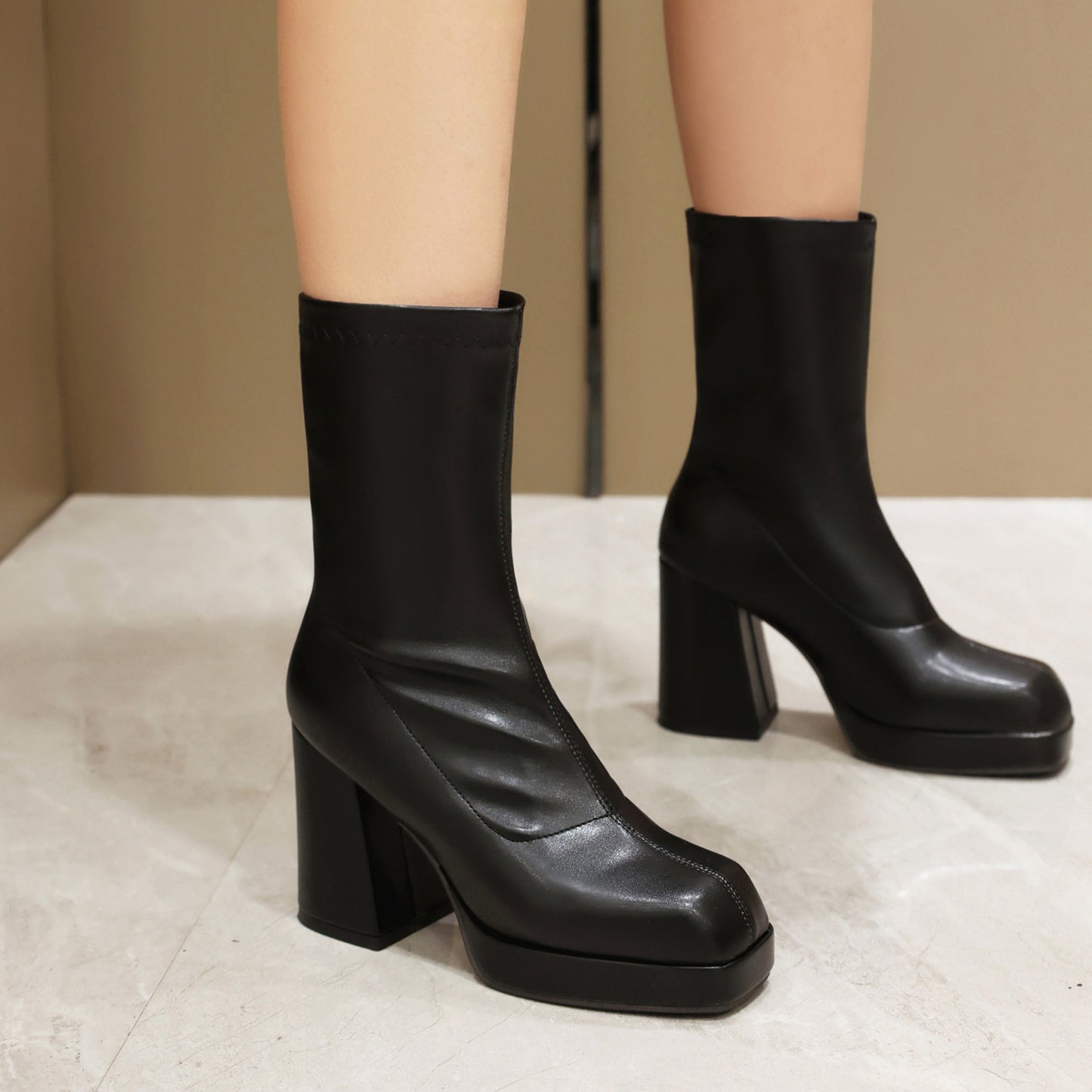 Womens High-heeled Chunky-soled Square-toe Ankle Boots