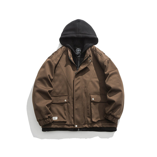 Color Matching Three-dimensional Pocket Fake Two Pieces Shirts Retro Hooded Jacket Men
