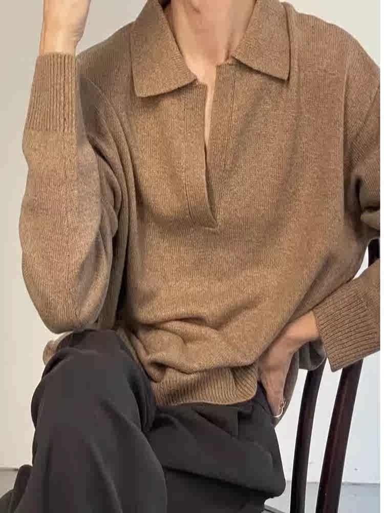 American Retro V-neck Solid Color Sweater