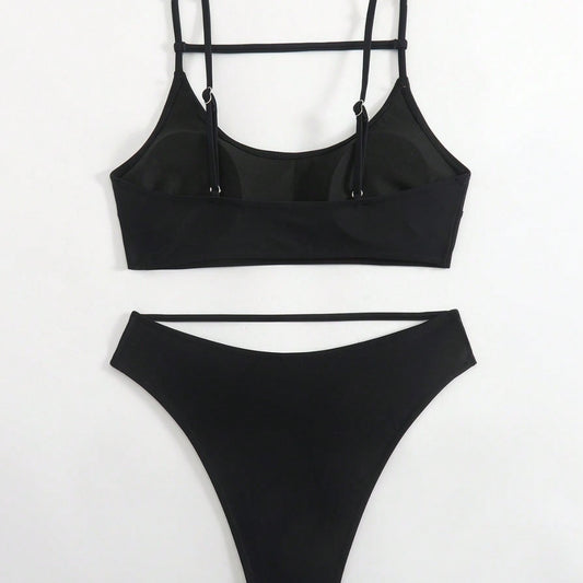 Hollow-out Black Tank-top Sports Two-piece Swimsuit Bikini