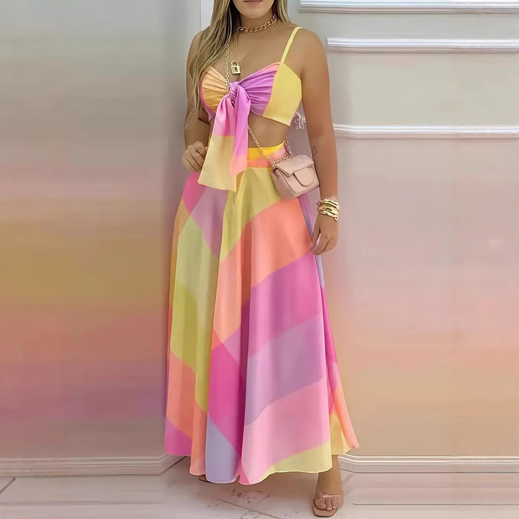 Sexy Strappy Lace-up Midriff-baring Top With Geometric Print And A Zippered Midi Skirt