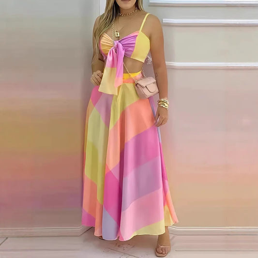 Sexy Strappy Lace-up Midriff-baring Top With Geometric Print And A Zippered Midi Skirt